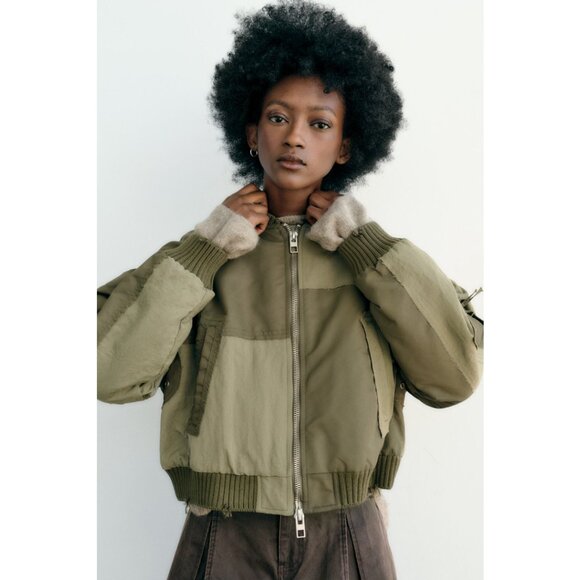 ZARA Water Repellant Patchwork Bomber Jacket Green Oversized Size Medium Padded - Picture 9 of 13
